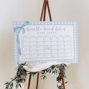 Blue gingham Guess The Due Date Blue Gingham Blue Guess Due Date Calendar Sign Baby Shower Calendar Due Date Baby Boy printable shower game