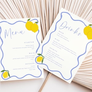 Lemon Hochzeit Menüvorlage Zitrone Themen Brautdusche Menü Beschilderung Dusche Zeichen blau gewellter Rand Dusche druckbare Canva Vorlage