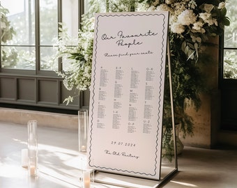 Whimsical hand drawn seating chart sign wavy wedding table plan  wavy border seating sign wavy seating plan scalloped edge  wedding template