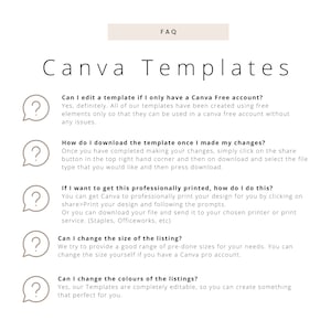 Peut inclure: Une page de questions fr&eacute;quentes (FAQ) sur les mod&egrave;les Canva. La page comprend des informations sur la modification des mod&egrave;les, le t&eacute;l&eacute;chargement des mod&egrave;les, l'impression des mod&egrave;les, le changement de taille des mod&egrave;les et le changement des couleurs des mod&egrave;les.