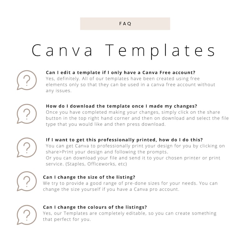 Peut inclure: Une page de questions fr&eacute;quentes (FAQ) sur les mod&egrave;les Canva. La page comprend des informations sur la modification des mod&egrave;les, le t&eacute;l&eacute;chargement des mod&egrave;les, l'impression des mod&egrave;les, le changement de taille des mod&egrave;les et le changement des couleurs des mod&egrave;les.