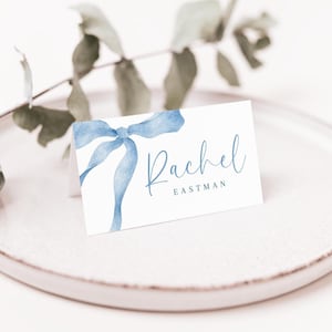 Folded Place Cards With Bow Name Place Cards Bow template printable Blue Bow Place Card wedding French blue name card Light Blue Place Card