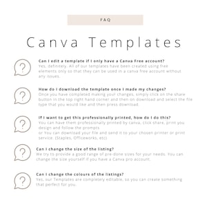 May include: A beige graphic with the text "FAQ" at the top, followed by "Canva Templates." Below are questions with answers about editing, downloading, printing, and customising templates. Each question is marked with a question mark icon.