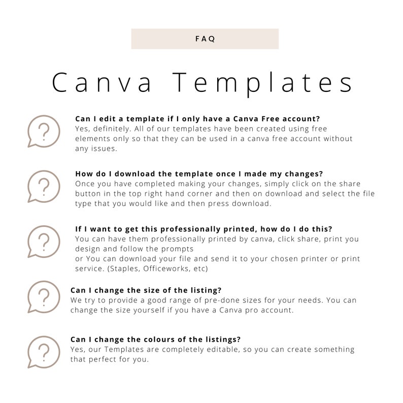 May include: A beige graphic with the text "FAQ" at the top, followed by "Canva Templates." Below are questions with answers about editing, downloading, printing, and customising templates. Each question is marked with a question mark icon.
