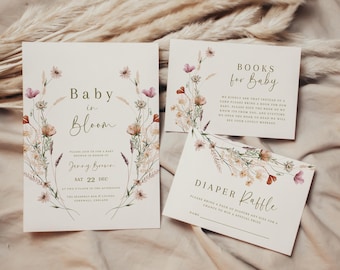 Baby in bloom shower invitation set diaper raffle books for baby in bloom baby shower invitation wildflower shower invitation spring flower