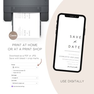 May include: A digital mockup of a save the date card with a minimalist design. The card features the text "Save the Date" in a simple font, followed by the names "Charlotte and Josh" and the date "Saturday 16th October". The card is shown on a smartphone screen and a printer, indicating that it can be used digitally or printed at home.