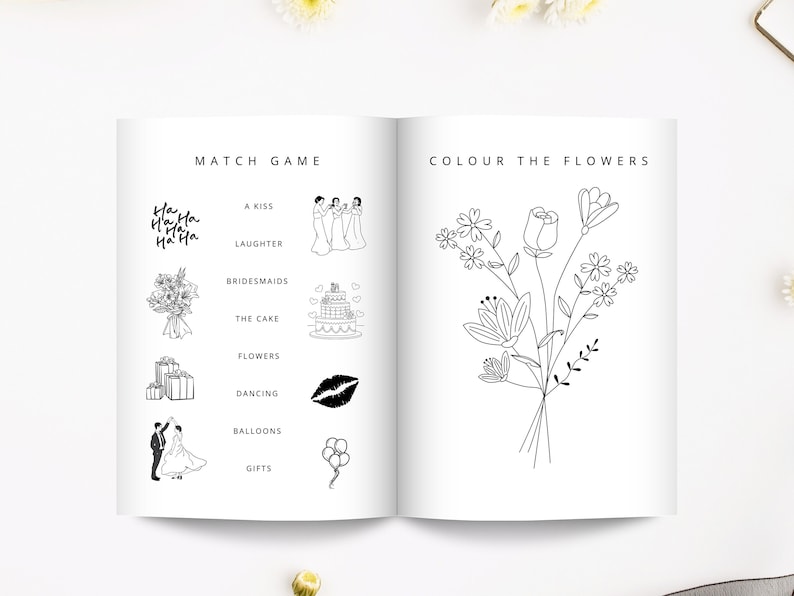 K&ouml;nnte beinhalten: Ein schwarz-wei&szlig;es druckbares Hochzeitsaktivit&auml;tsheft mit zwei Seiten. Die linke Seite enth&auml;lt ein Zuordnungsspiel mit Illustrationen von Hochzeitselementen und Text wie "ein Kuss", "Lachen", "Brautjungfern", "die Torte", "Blumen", "Tanzen", "Ballons" und "Geschenke". Die rechte Seite tr&auml;gt den Titel "F&auml;rbe die Blumen" und eine Schwarzwei&szlig;illustration eines Blumenstrau&szlig;es.
