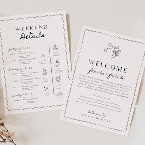 Plantilla de carta y cronograma de bolsa de bienvenida de boda dibujada a mano, itinerario de boda y nota de agradecimiento, itinerario de boda de destino imprimible