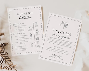 Hand Drawn Wedding Welcome Bag Letter & Timeline Template weekend itinerary and thank you note destination wedding printable information