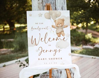 Bear Baby shower welcome sign Gender Neutral We Can Barely Wait welcome poster Bear Theme template Editable Teddy entrance board Printable