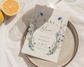 Dusty blue baby in bloom baby shower invitation baby in bloom invitation boy digital blue watercolour floral baby shower invitation template