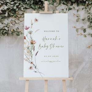 Baby shower fiori selvatici cartello di benvenuto decorazioni baby in bloom cartello di benvenuto neutro fiori selvatici modello cartello baby shower Canva cartello floreale