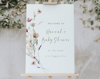 Baby shower wildflower welcome sign decorations baby in bloom welcome sign neutral wildflower baby shower sign template Canva  floral sign