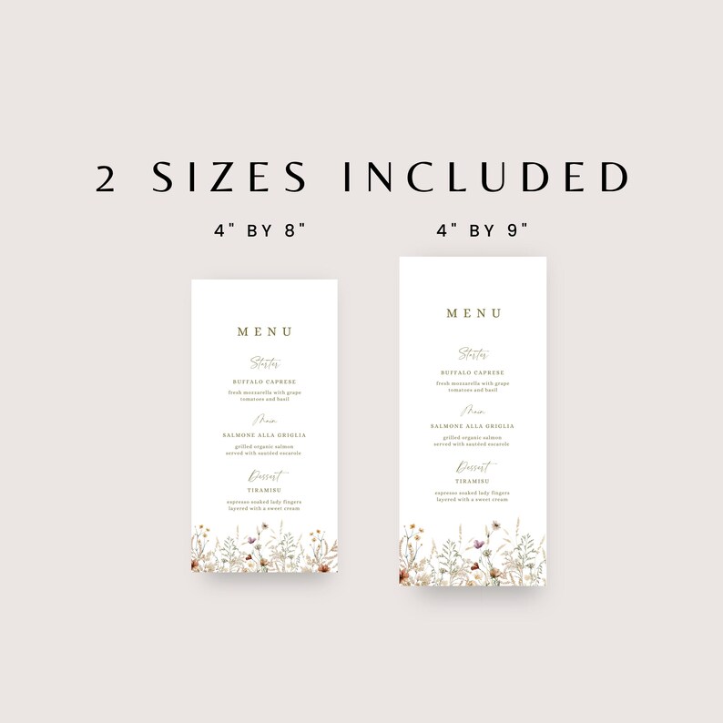 Modelo de menu de recepção de casamento com menu de flores silvestres, menu de casamento com flores prensadas, menu de flores silvestres, modelo de cartão de menu de casamento imagem 2