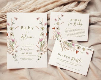 Baby in Bloom Shower Invitation Set, Wildflower Baby Shower Invite, Spring Floral Digital Template with Books and Diaper Raffle Cards