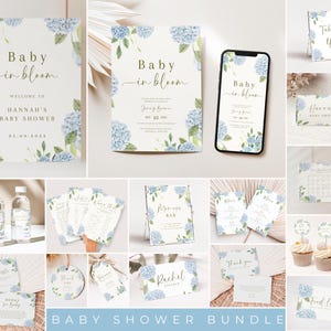 Blue Hydrangea Baby Shower Blue Baby In Bloom Baby Shower Bundle Template Dusty Blue Baby Shower Bundle Baby Shower Games Bundle Blue
