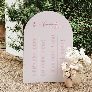 May include: A light pink arch-shaped seating chart with the text "Our Favourite People" in pink script. The chart lists tables and names in a pink font.