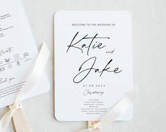 Elegant Wedding Program Fan Template, Modern Calligraphy Ceremony Program, Minimal Timeline paddle Fan, Printable Canva Design