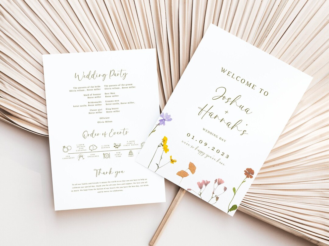 Spring Floral Wedding Program Fan, Wildflower Ceremony Template, Boho ...