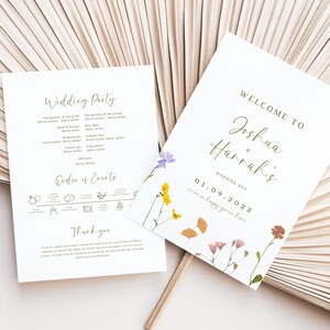 May include: Wedding ceremony programme and welcome sign featuring a floral design. The programme lists the wedding party and order of events. The welcome sign reads "Welcome to Joshua + Hannah's Wedding Day 01.09.2023. We're so happy you're here."