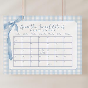 Guess The Due Date Blue Gingham Blue Bow Baby Shower guess the due date calendar boy blue due date calendar dusty blue baby shower game