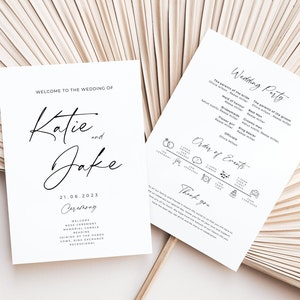 May include: Wedding ceremony program with the names Katie and Jake, the date 21.06.2023, and a list of events including the welcome, vows, and recessional.