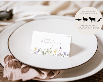 Wildflower Wedding place card template Floral wedding name card Editable Printable Botanical wedding name tags template with food icon