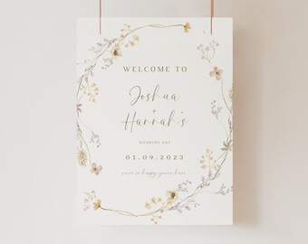 Floral blush wedding welcome sign template wildflower welcome wedding sign watercolour flower signage wild flower wedding template