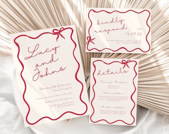 Handwritten Wedding invitation suite template hand drawn red wedding invite wavy border wedding invitation template handwritten