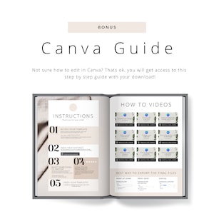 May include: A digital Canva Guide with the title "Canva Guide" in a serif font. The guide includes instructions, video tutorials, and export options. The guide is open to a double-page spread, with a gray cover and white pages.