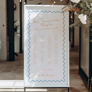 Puede incluir: Un cartel enmarcado en blanco con un borde azul y naranja. El cartel dice "Our Favourite People" y tiene un plano de asientos para una boda. La fecha es 29.07.2024 y el lugar es "The Old Rectory".