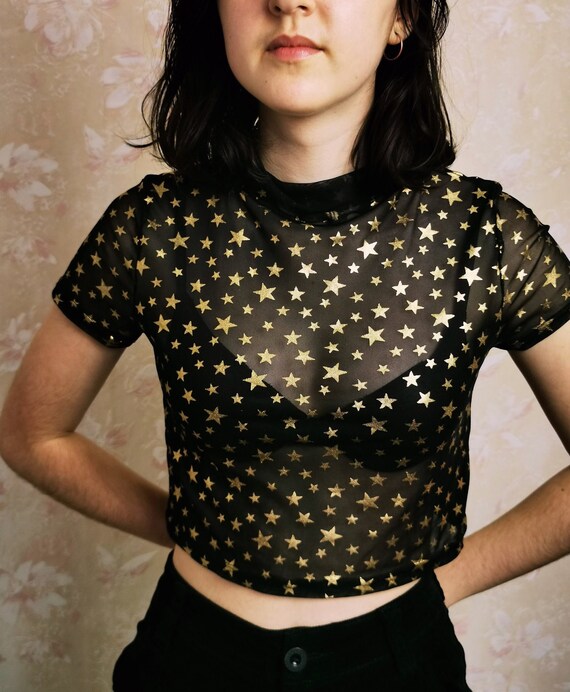 90s Witchy Celestial Stars Mesh Crop Top