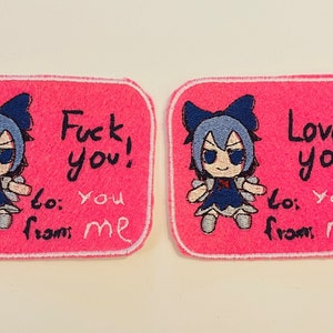 Cirno Fumo Touhou Love you! F you! Touhou patches Cirno Touhou Project Anime patches fumo, funny cute patches, chibi anime girl