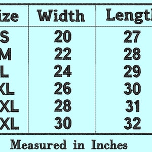 Puede incluir: Un gr&aacute;fico que muestra las medidas de ancho y largo en pulgadas para diferentes tallas de ropa, de S a 3XL.