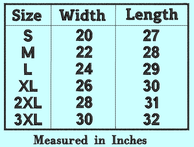 Puede incluir: Un gr&aacute;fico que muestra las medidas de ancho y largo en pulgadas para diferentes tallas de ropa, de S a 3XL.