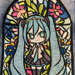 Stained Glass Patch // Gothic Embroidered Patches, anime patches,  bright blue hair girl big blue eyes iron on patch