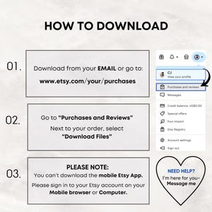 Step-by-step instructions on how to download your Protein Food Chart, Supplement Guide, and Grocery List from Etsy, with easy-to-follow directions to access your purchase instantly on mobile or desktop
