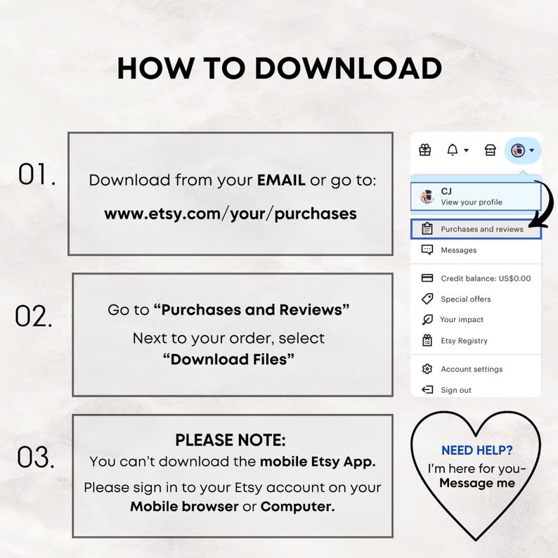 Step-by-step instructions on how to download your Protein Food Chart, Supplement Guide, and Grocery List from Etsy, with easy-to-follow directions to access your purchase instantly on mobile or desktop
