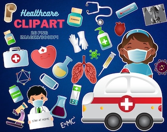 Cute Medical Clipart Watercolor: Healthcare Illustrations & Virus PNG (300 DPI)