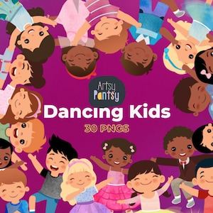 Puede incluir: Un grupo de 30 niños de dibujos animados de diferentes etnias y géneros están bailando en círculo. Todos llevan ropa colorida y tienen expresiones felices en sus caras. La imagen está sobre un fondo morado con el texto "Artsy Pantsy Dancing Kids 30 PNGs".