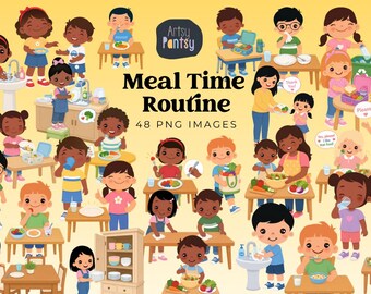 May include: A collection of cartoon illustrations depicting children and adults engaged in mealtime activities, including eating, washing hands, and preparing food. The text reads Artsy Pantsy Meal Time Routine 48 PNG IMAGES on a yellow background.