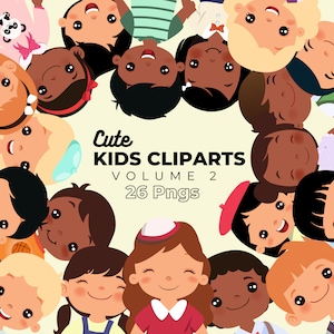 Puede incluir: Un conjunto de 26 ilustraciones de dibujos animados coloridos de niños con diferentes peinados, ropa y tonos de piel. Las ilustraciones están dispuestas en un círculo, con el texto "Cute Kids Clipart Volume 2" en el centro.