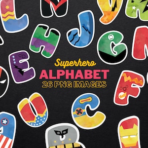 Clipart del alfabeto de superhéroes - Grandes tapas, mayúsculas ABC Alfabeto clip art - letras de superhéroe diseño descarga digital, acuarela