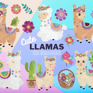 Colorful Llamas - Decorated Llama - clipart - Alpaca Clip Art - Digital download - Llama Digital Stickers, Llamas clipart,Alpaca,Cactus
