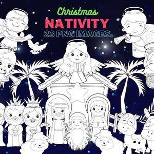Nativity scene, Nativity Line Art, Digital Stamps, Black and white, Christmas coloring, Jesus clipart, Digital stamp