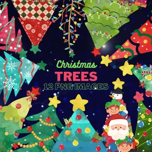 Watercolor Christmas Tree Clipart: Glitter Trees, Xmas Lights (PNG)