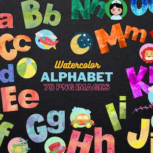 Watercolor Alphabet Clipart, 78 watercolor PNG Watercolor Graphics, Letters Name Clip Art Commercial Use, Digital Images