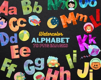 Watercolor Alphabet Clipart: 78 PNG Graphics, Letters Clip Art (Digital Images)