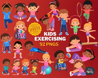 May include: A collection of cartoon illustrations featuring diverse children engaged in various physical activities and sports, including yoga, gymnastics, and wheelchair sports, with the text "UPDATED KIDS EXERCISING 92 PNGS" on a red background.