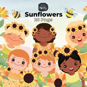 Lindas meninas girassóis, Pacote de clipart em aquarela, PNG transparente, Download digital, Criação de cartões, Ilustração fofa, Uso comercial